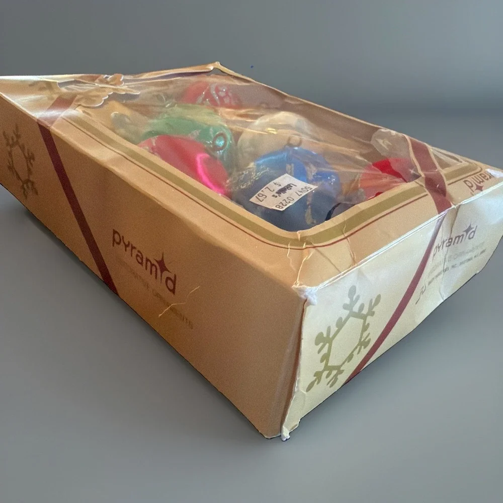 7 Vintage PYRAMID Spun Satin & Glitter Christmas Ornaments Decor in Original Box